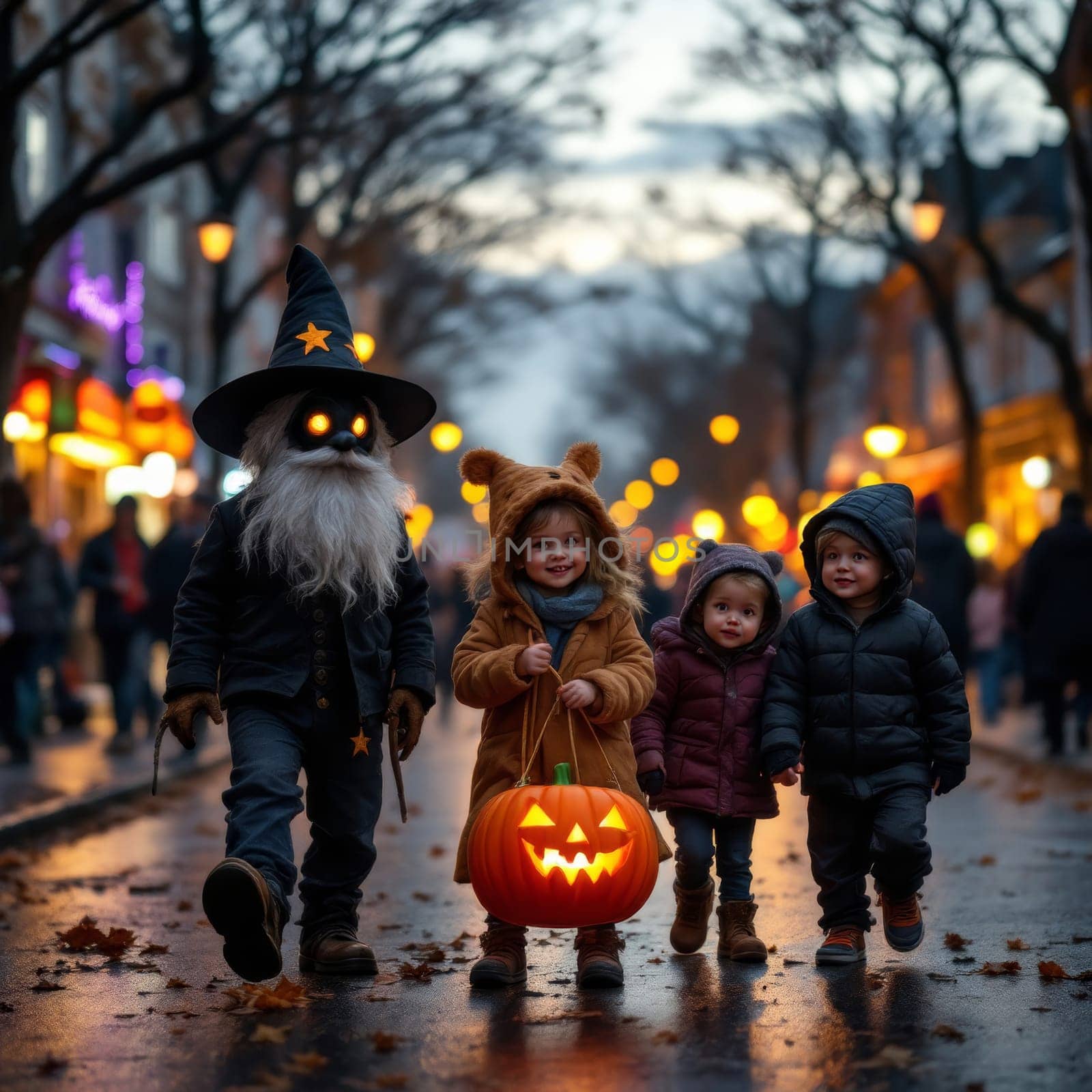 Children in costumes explore the street at dusk, accompanied by a glowing pumpkin, creating a magical Halloween atmosphere.