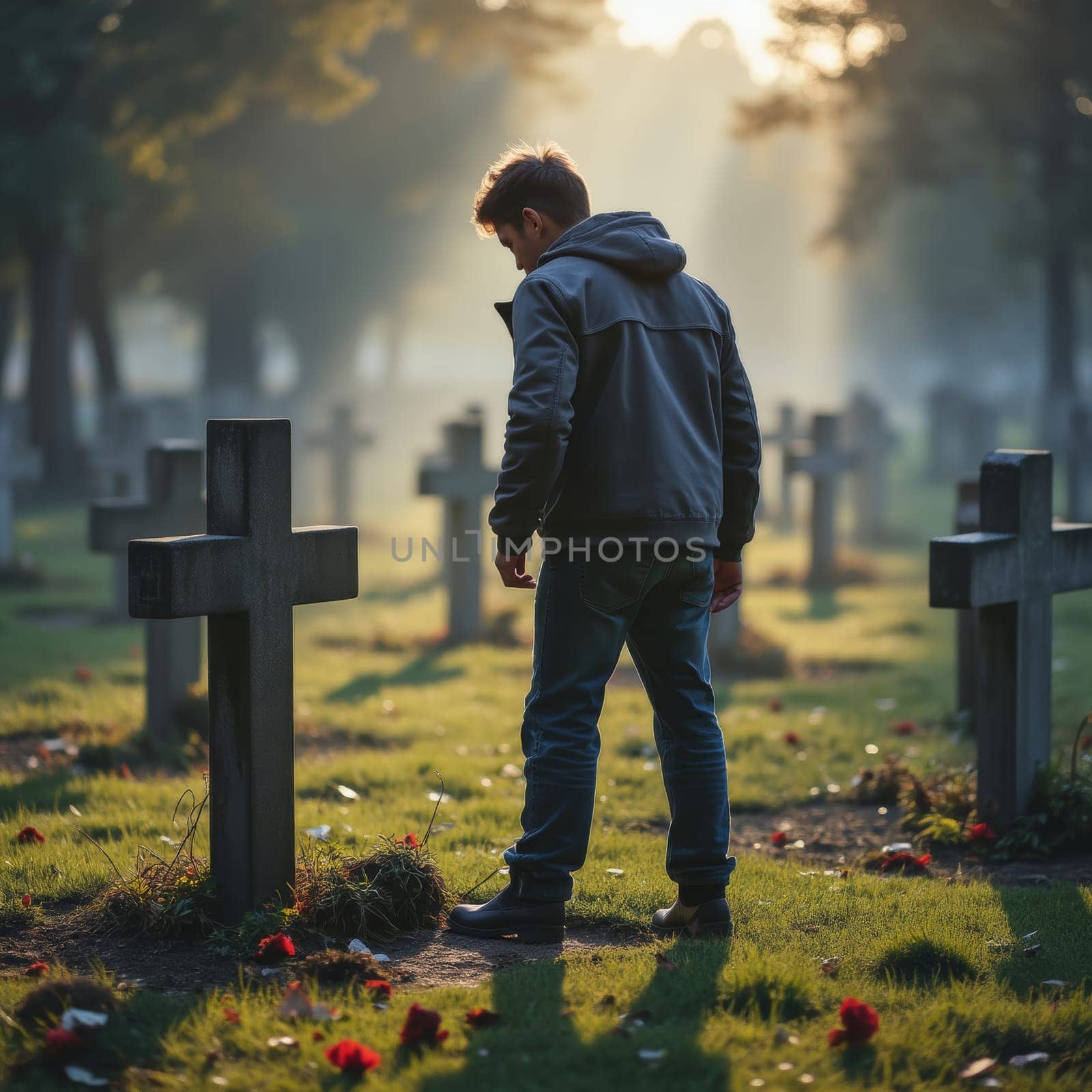 A solitary young man in a dark jacket stands before a cross gravestone in a misty cemetery at dawn, surrounded by other graves and fallen leaves.