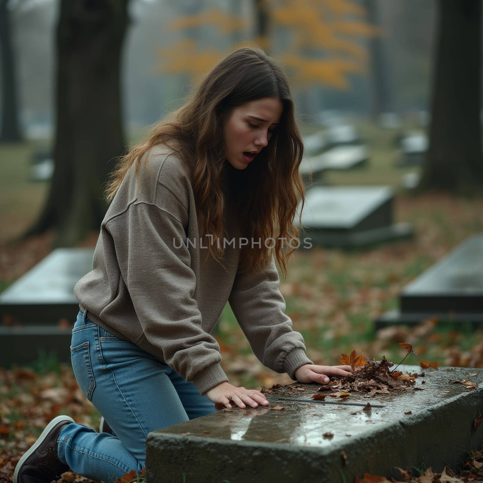 A woman kneels at a grave, mourning in a cemetery during autumn, surrounded by fallen leaves and somber atmosphere.