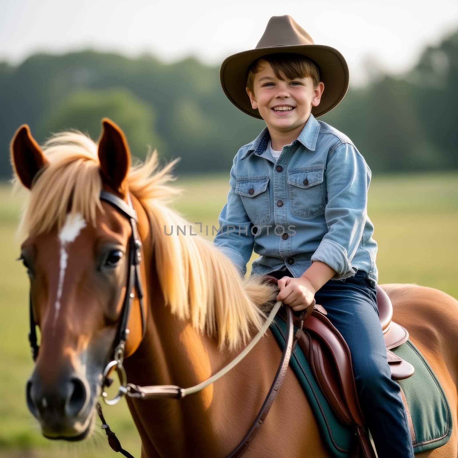 A joyful boy rides a horse in an open field, wearing a cowboy hat, embodying adventure and carefree spirit.