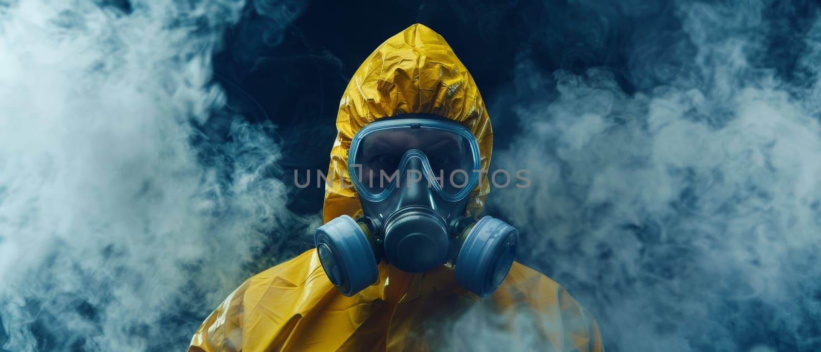 The striking expanse of a person in a yellow hazmat suit and gas mask standing amidst swirling smoke