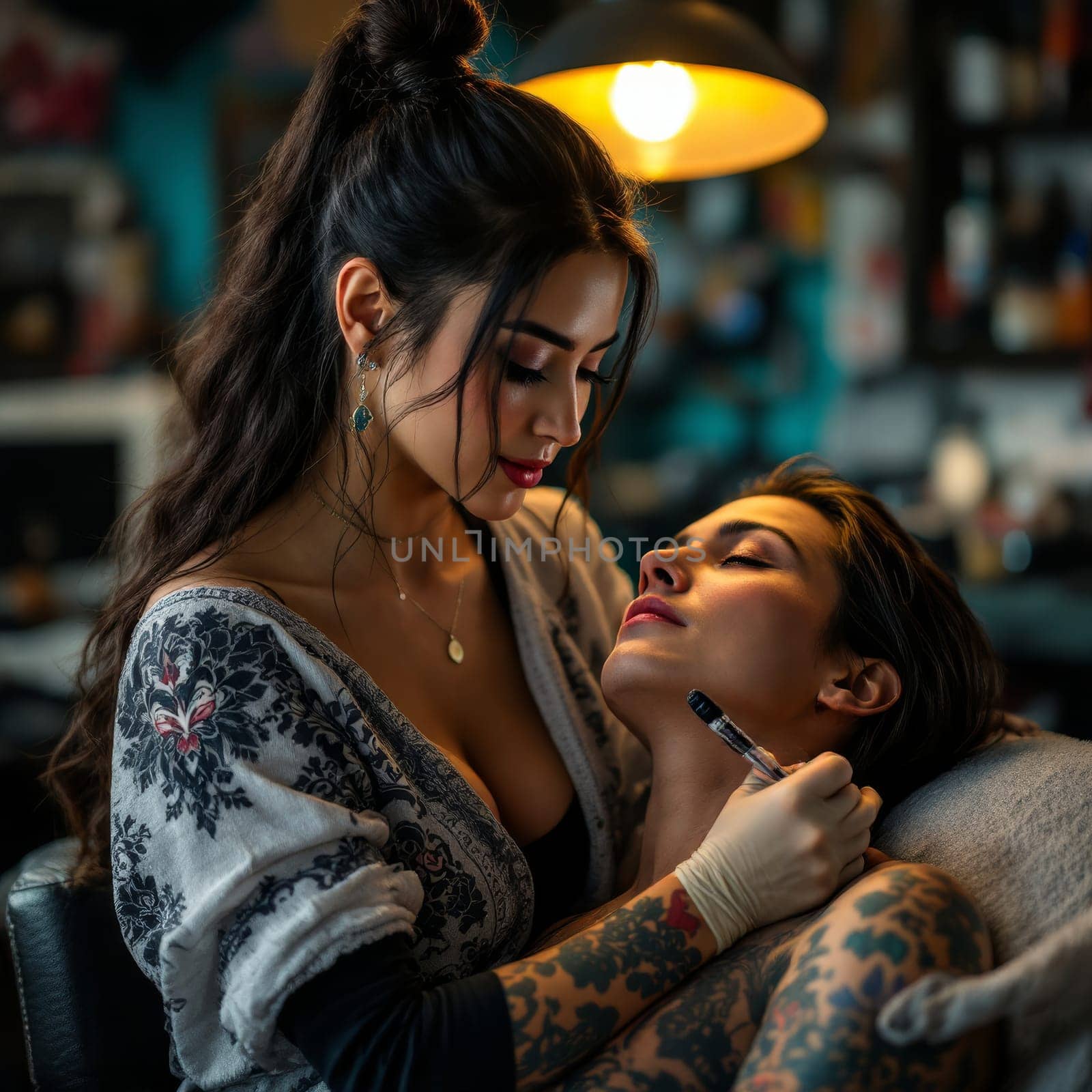 Skilled tattoo artist concentrating on intricate design while tattooing attractive woman with floral arm sleeve in dimly lit studio.