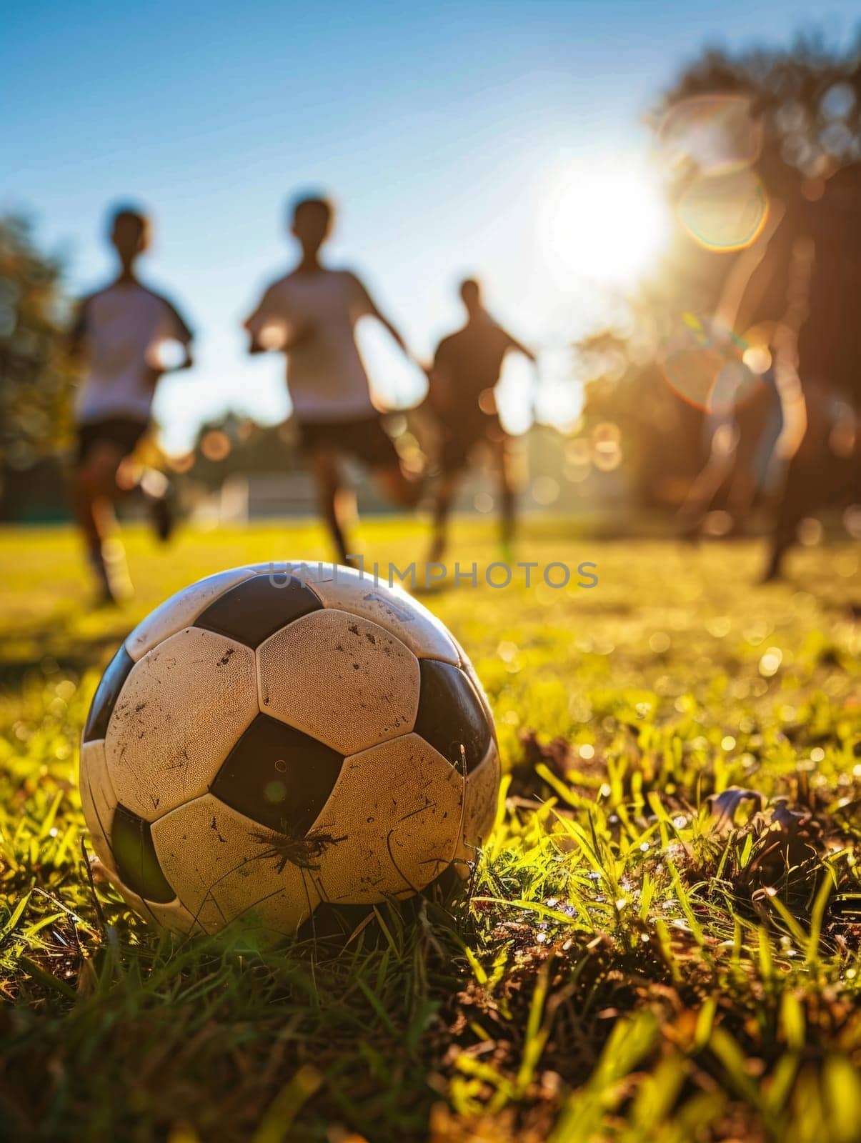 A worn soccer ball rests on the grass with players in motion blurred in the background, highlighted by a sunlit backdrop.