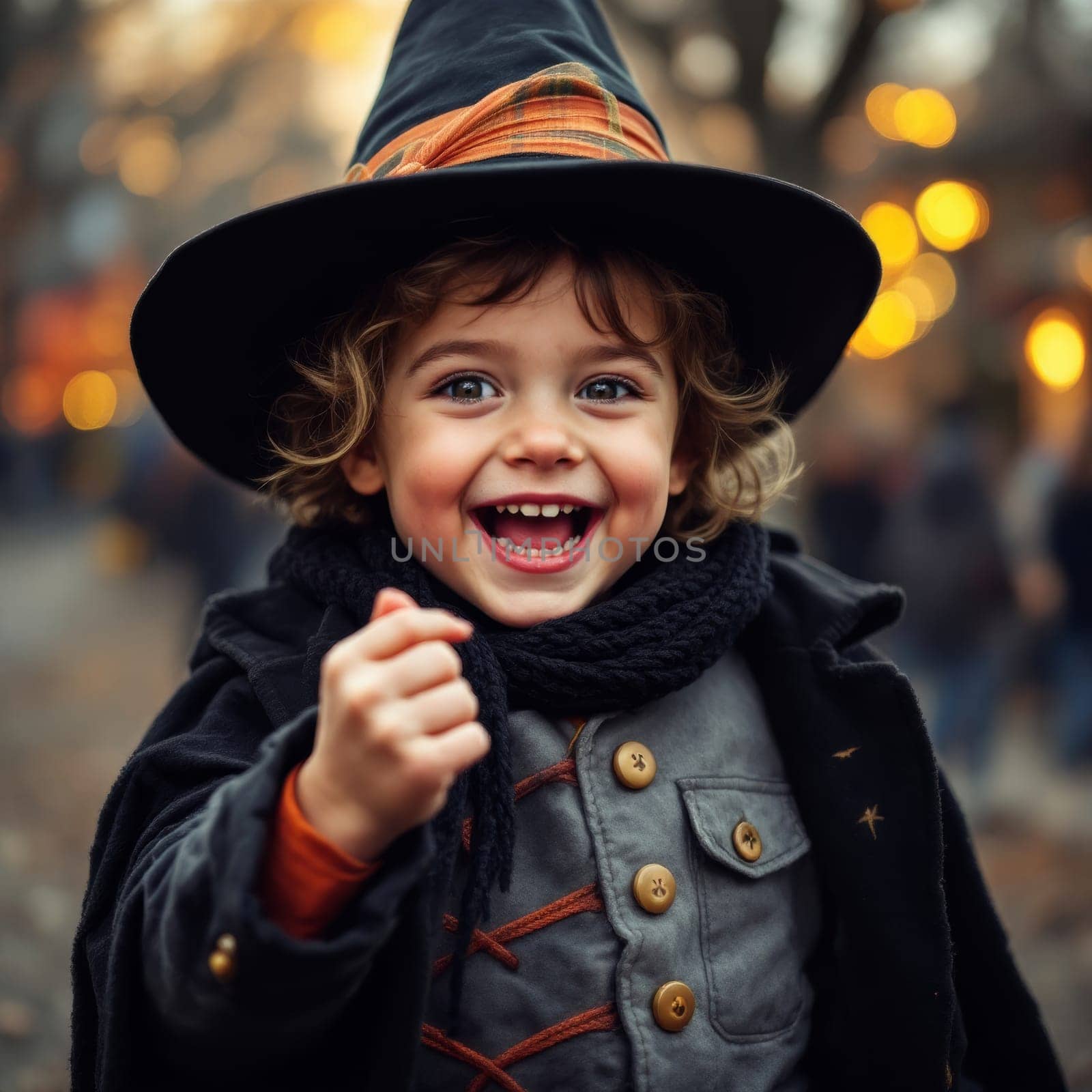 A cheerful young child wearing a black witch hat and scarf smiles widely outdoors, with blurred autumn lights in the background.