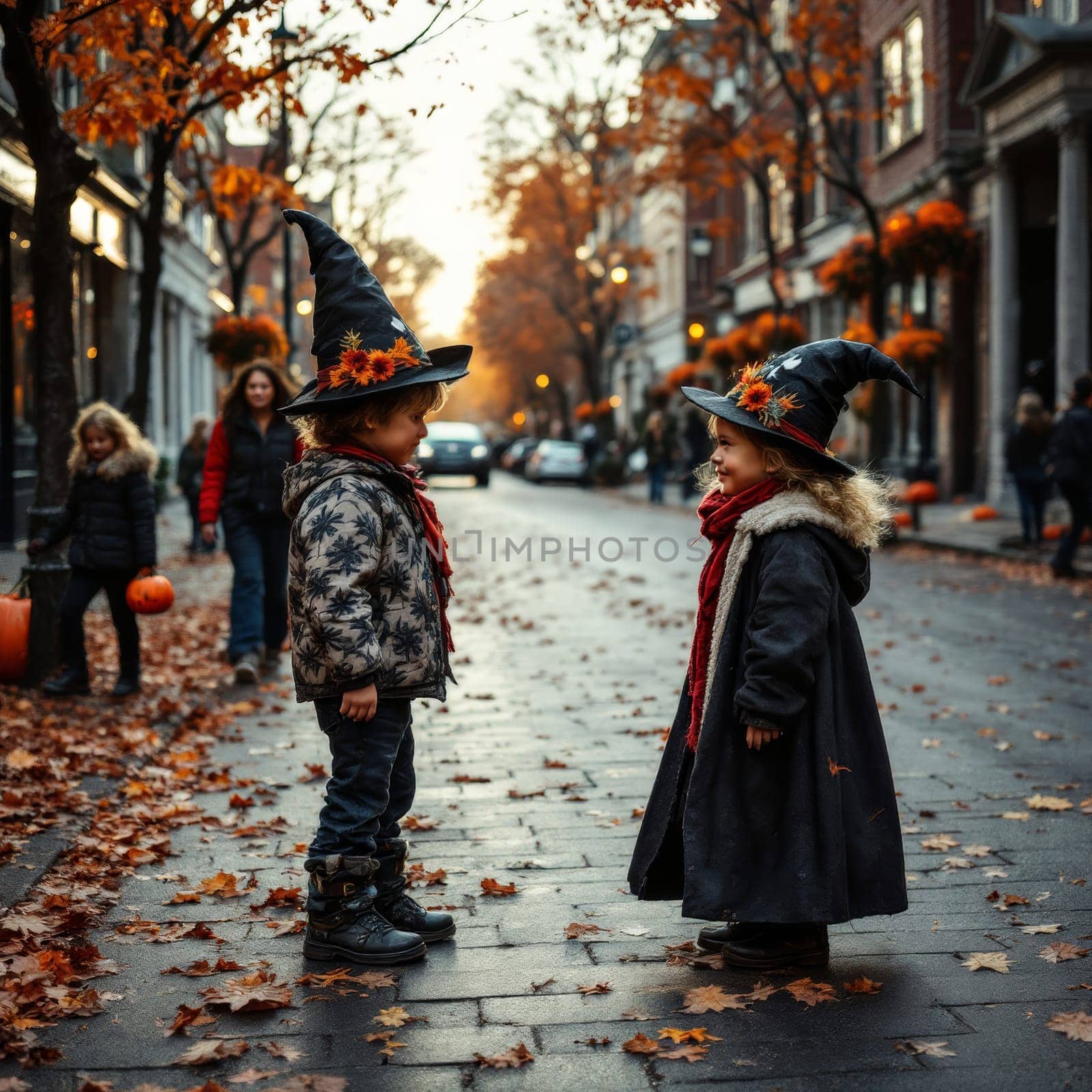 Two children in witch hats happily interact on a street decorated for Halloween during autumn.