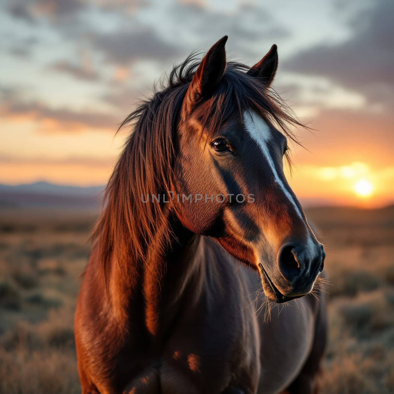 A majestic horse stands in a field during sunset, its coat illuminated by the golden light.