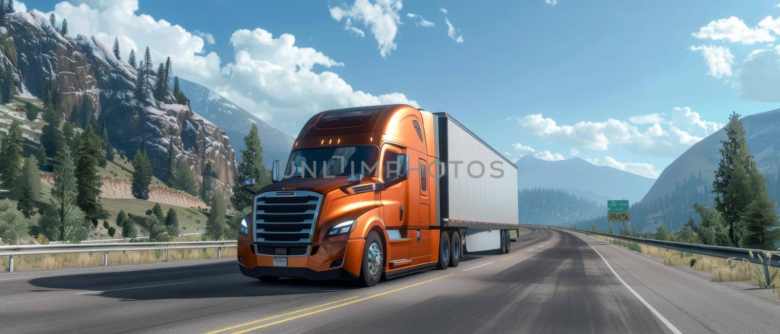 A vibrant orange cargo truck maneuvers a curving forested mountain pass under a sunny sky