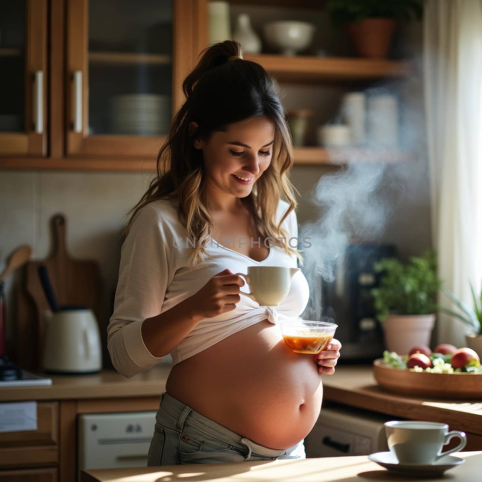 A smiling pregnant woman in white shirt holds a steaming cup while standing in a sunlit kitchen, emphasizing her baby bump.