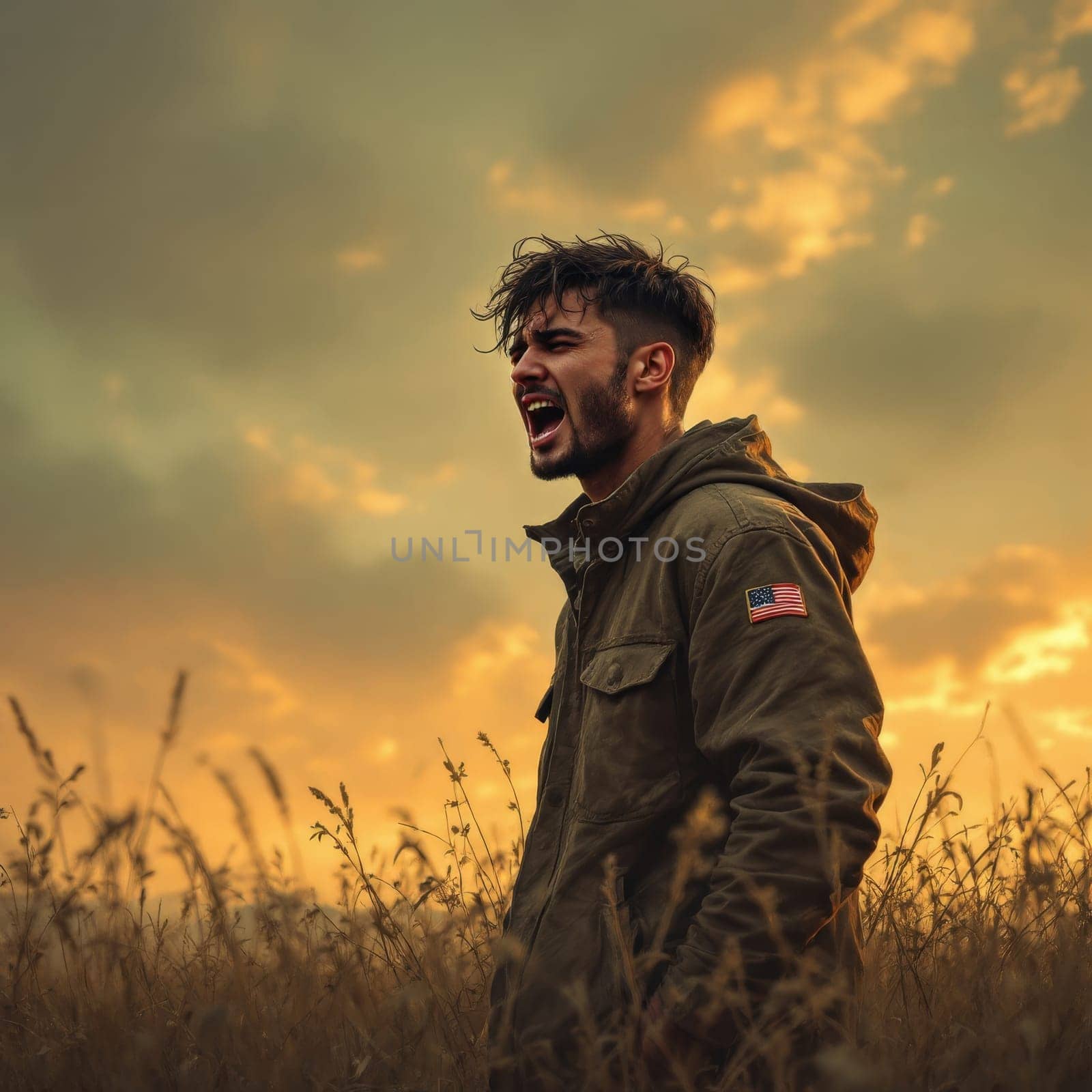 A man stands in a field at sunset, passionately yelling into the distance, expressing raw emotion against a dramatic sky.