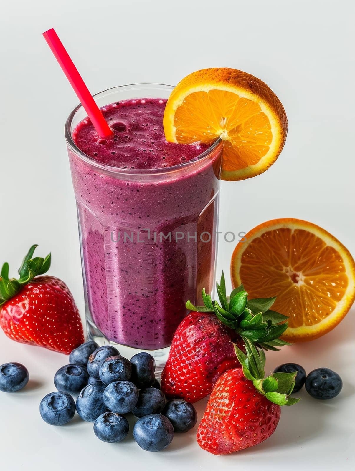 A thick berry smoothie with a vibrant orange slice garnish, accompanied by fresh strawberries and blueberries on a white backdrop