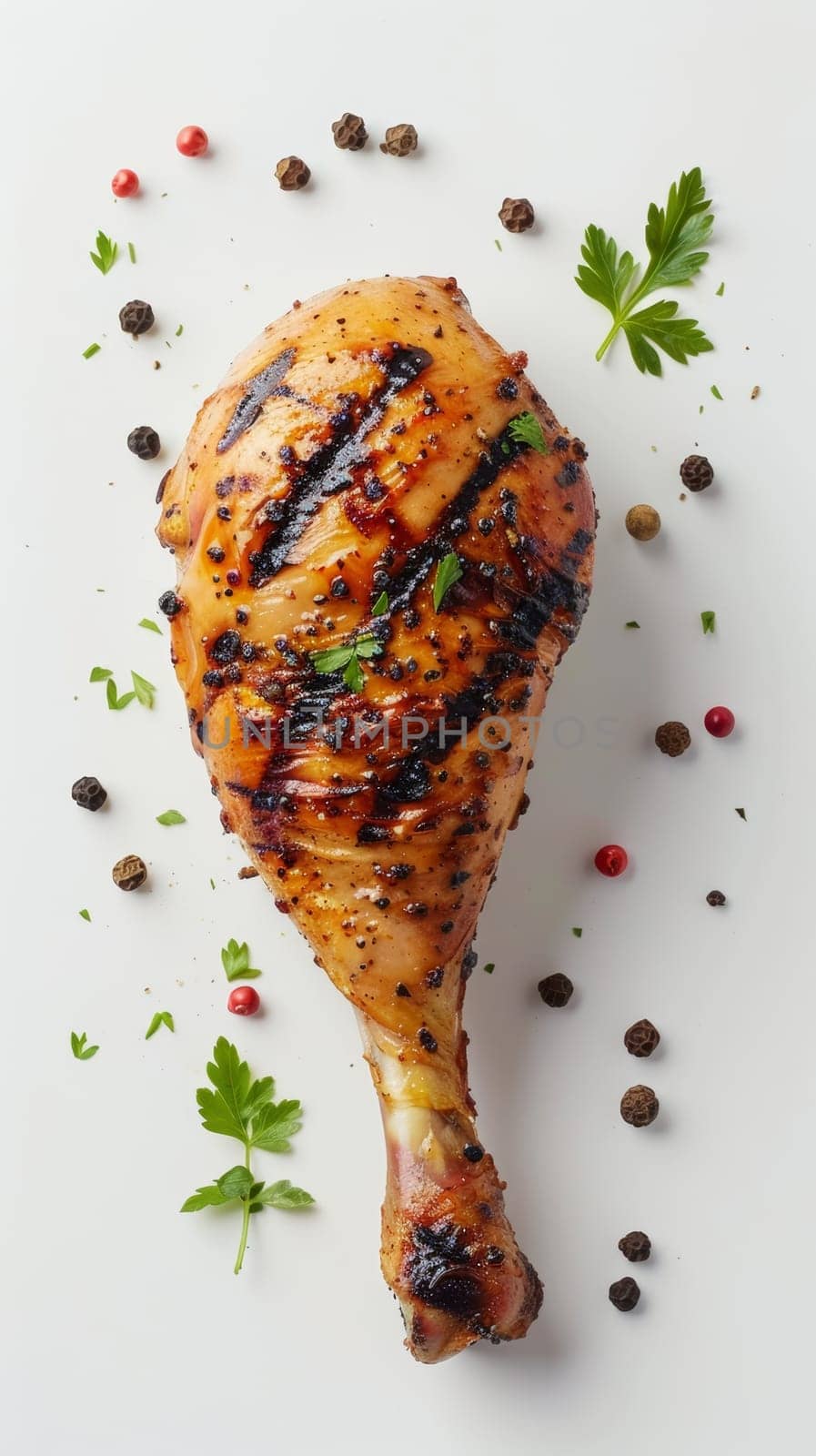 Succulent grilled chicken drumstick decorated with colorful peppercorns and fresh parsley on a white background
