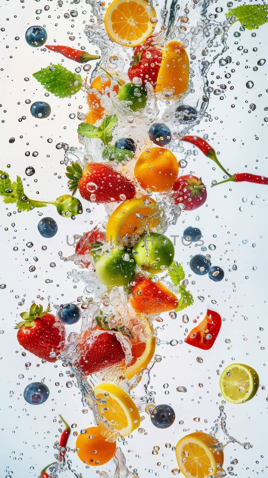 An exhilarating array of fruits including strawberries, blueberries, oranges, and kiwis captured in a dynamic water splash
