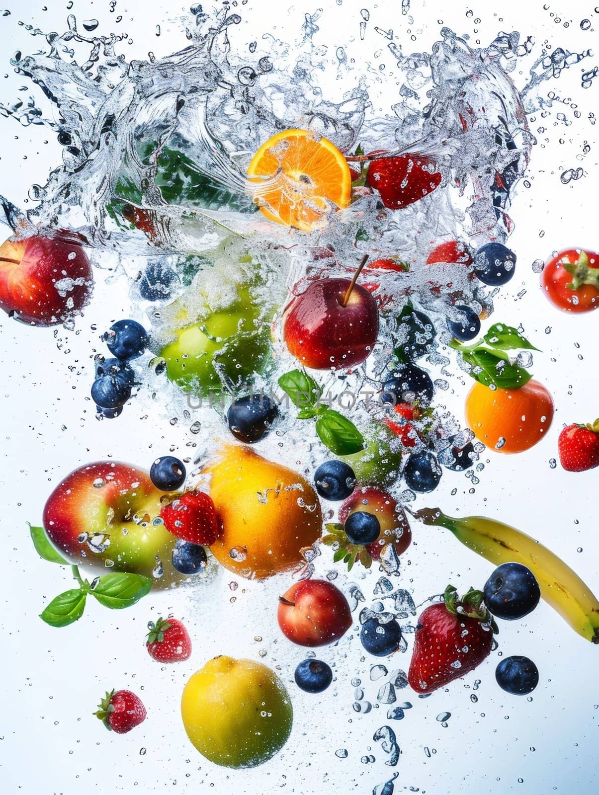 A dynamic splash of water as fruits and berries are immersed, showcasing a mix of textures and freshness