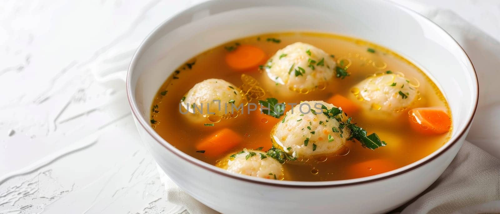 A hot serving of matzo ball soup with tender matzo balls, bright carrot slices, and chopped parsley, in a white bowl