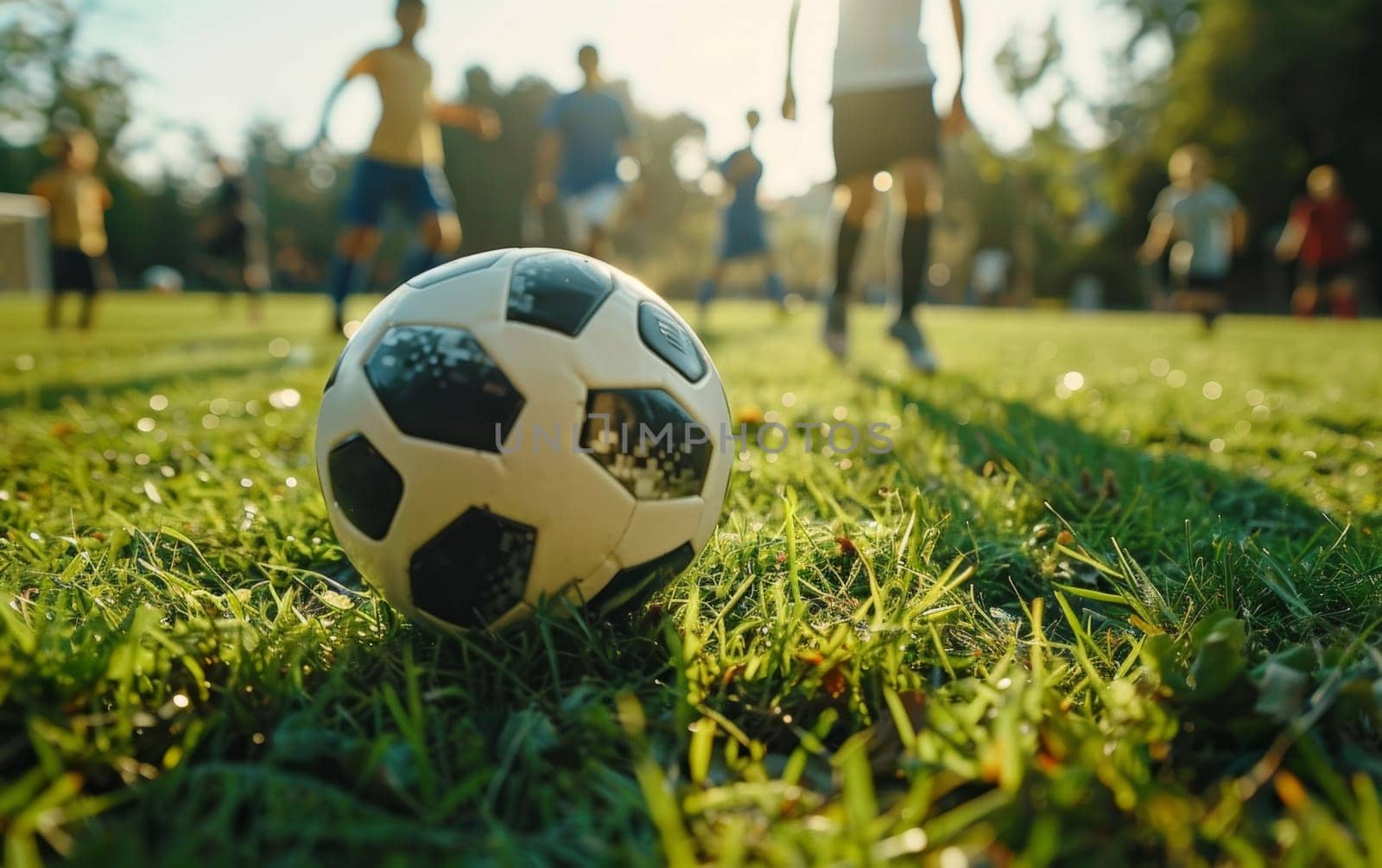 The glow of the afternoon sun highlights a soccer ball and players on a field, depicting a lively match
