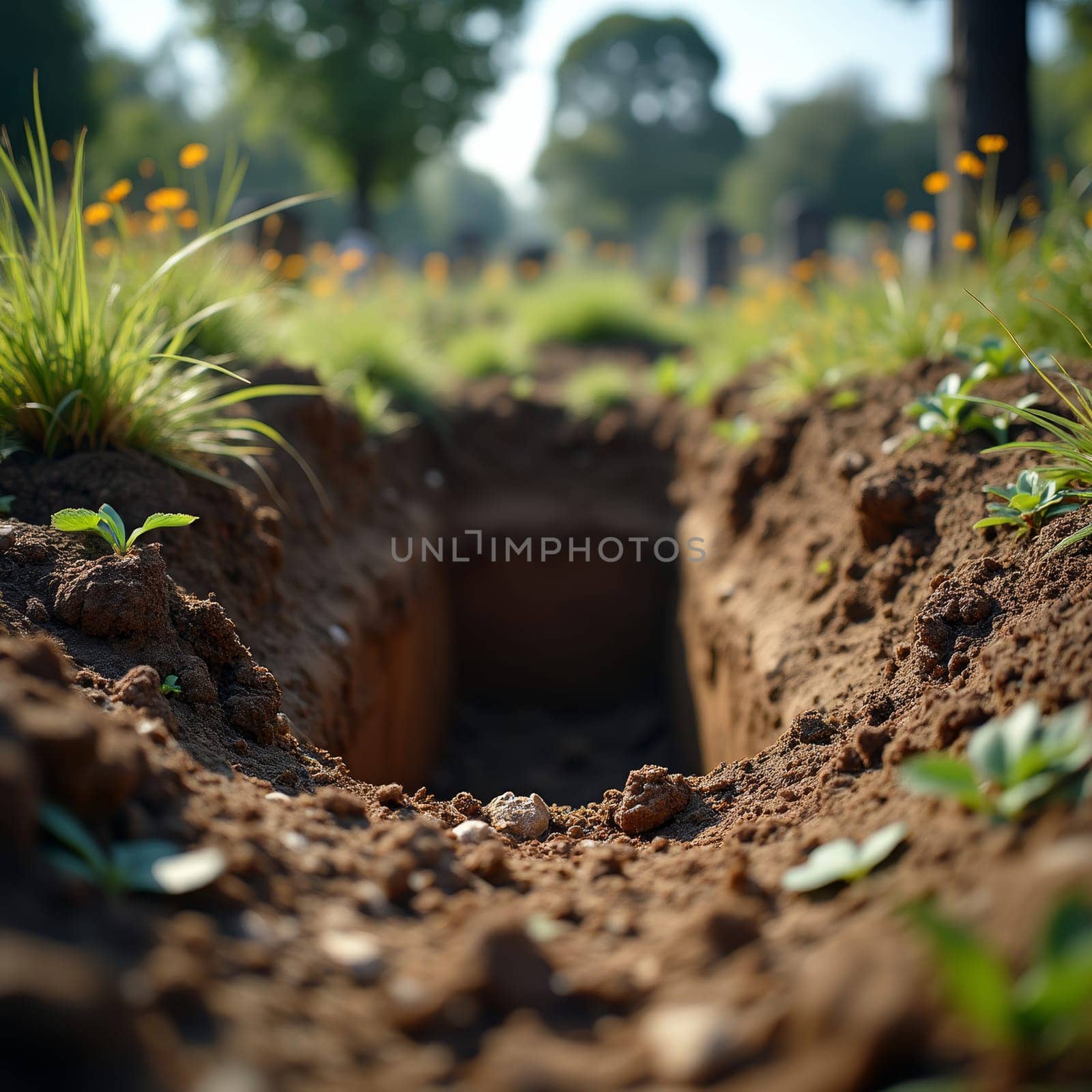 A freshly dug grave sits empty in a tranquil cemetery, surrounded by grass and distant headstones, symbolizing life's inevitable end.