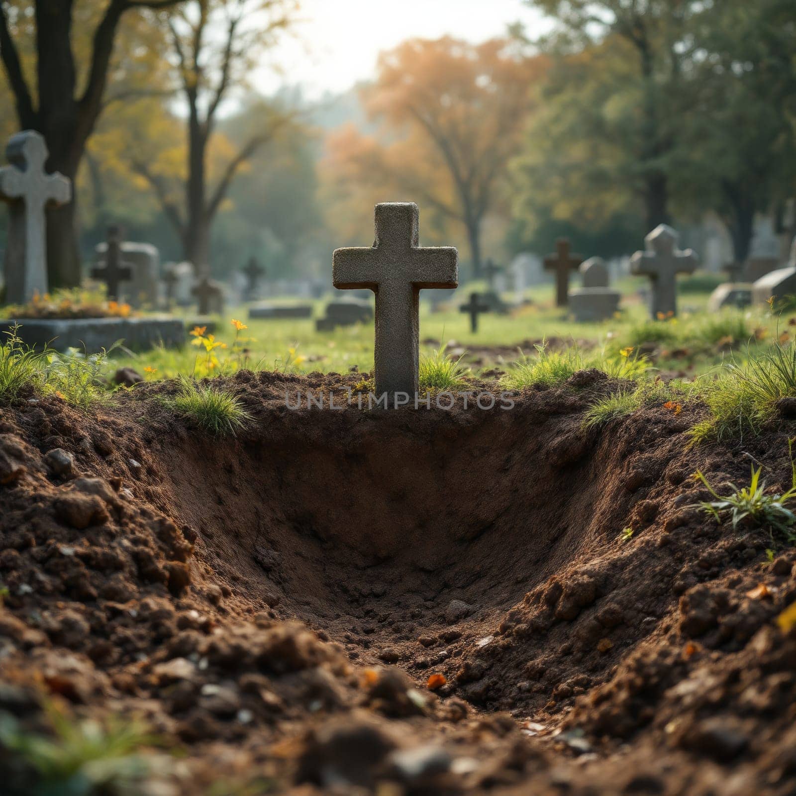 A newly dug grave in a serene cemetery, surrounded by gravestones and bathed in warm sunlight, symbolizing peace and reflection.