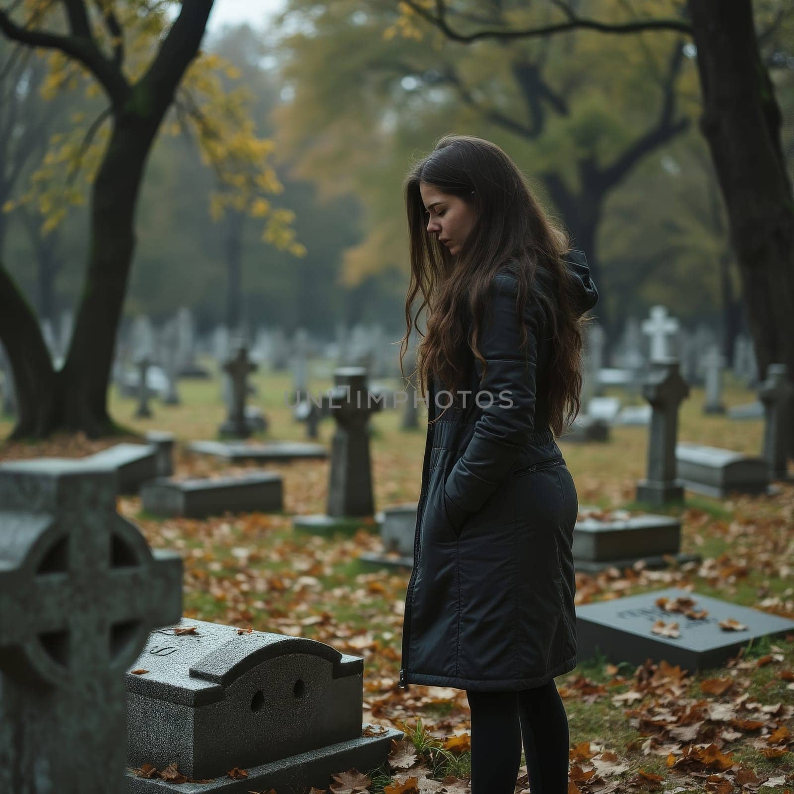 A young woman with long dark hair stands pensively among gravestones in an autumnal cemetery, surrounded by trees with yellow leaves.