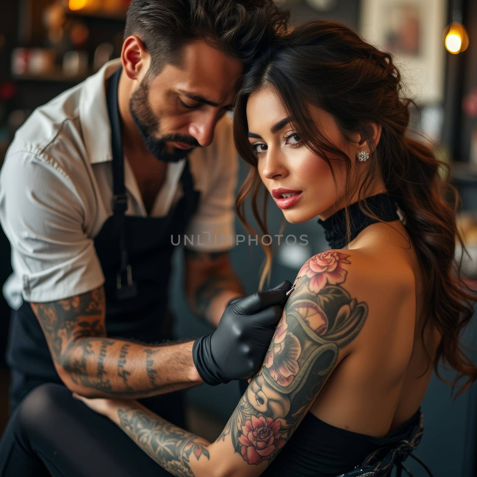 Concentrated tattoo artist working on intricate floral design for glamorous woman in atmospheric studio setting.