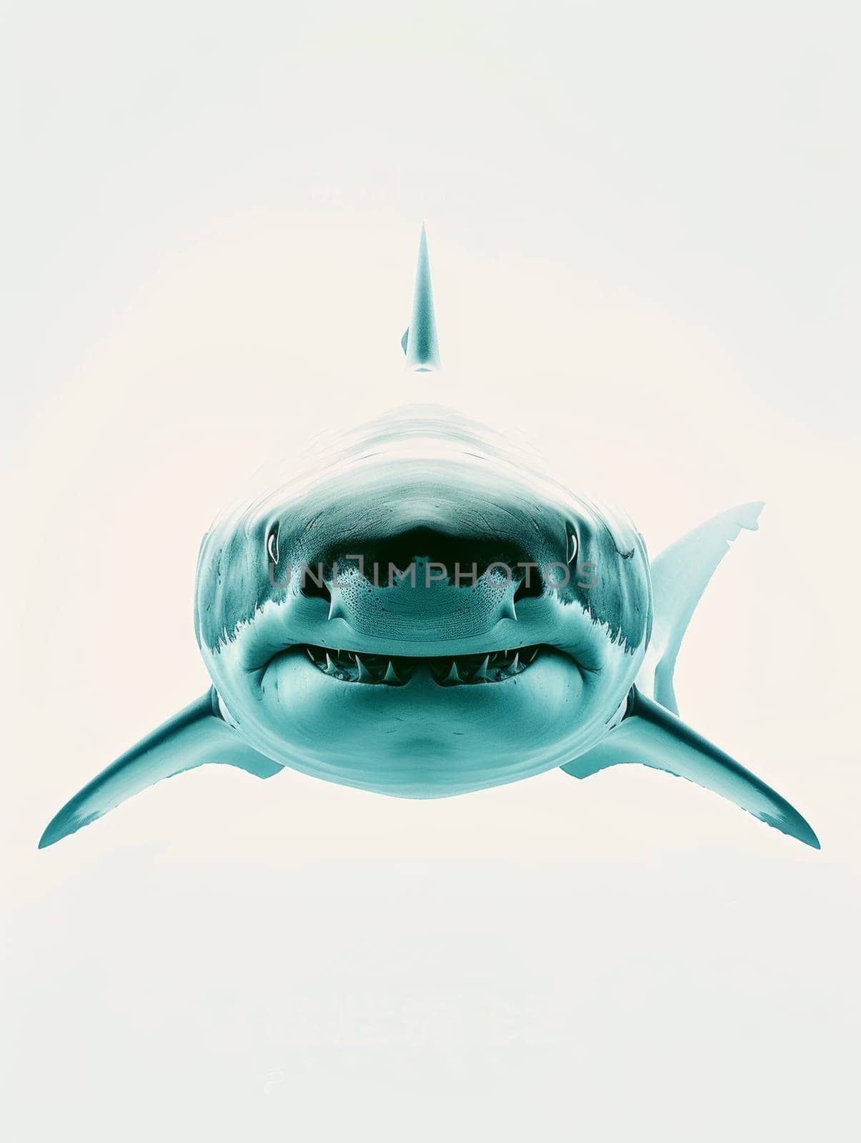 Menacing great white shark swimming directly towards the camera with mouth open