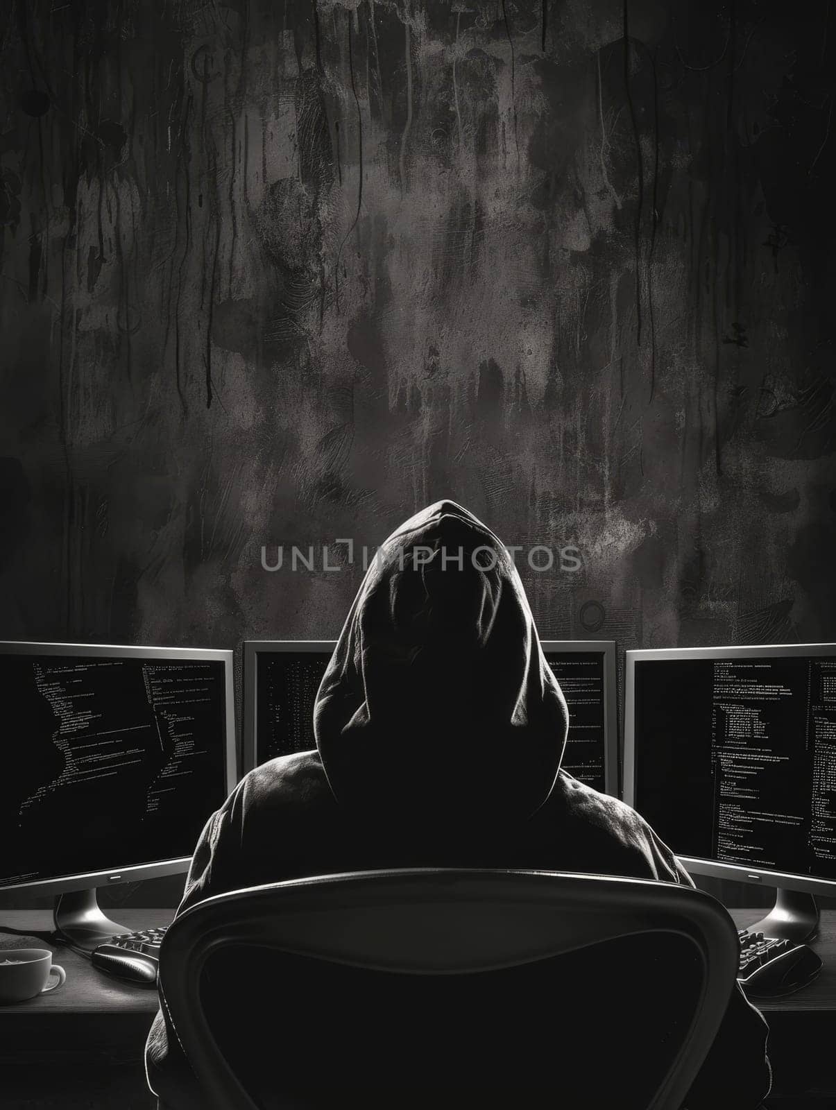 Hooded figure in front of multiple monitors displaying falling green matrix code, concept of cyber security and hacking