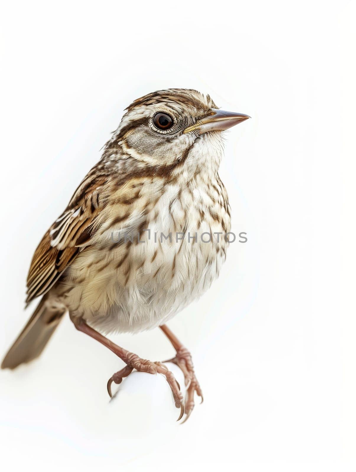 House sparrow perched with full body visible, displaying its intricate feather patterns on a white background