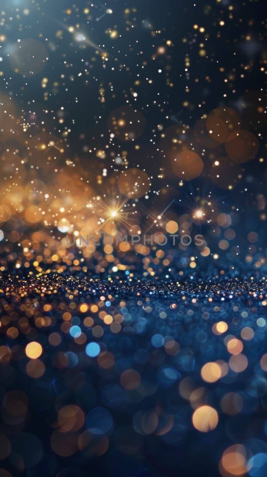 A mesmerizing display of golden bokeh lights against a dark backdrop, creating a magical, festive atmosphere