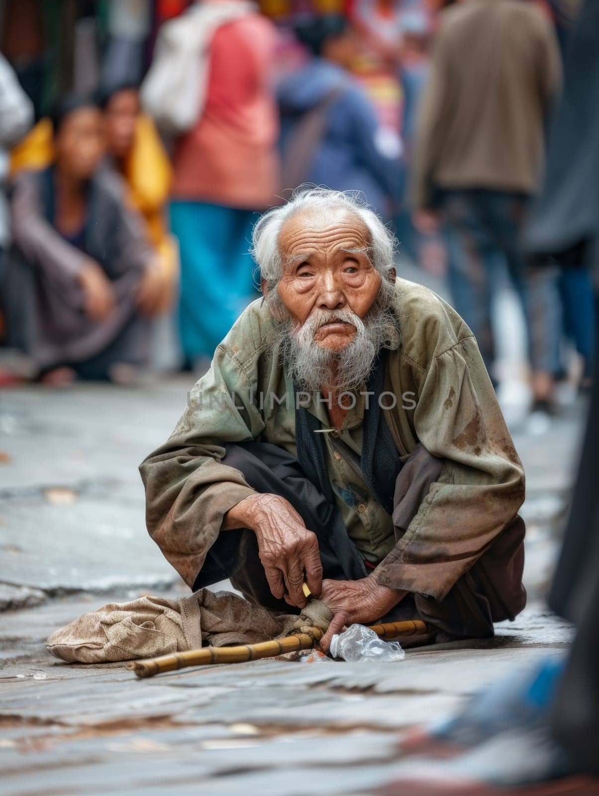 Elderly man with a long white beard sitting on an urban street, surrounded by passersby