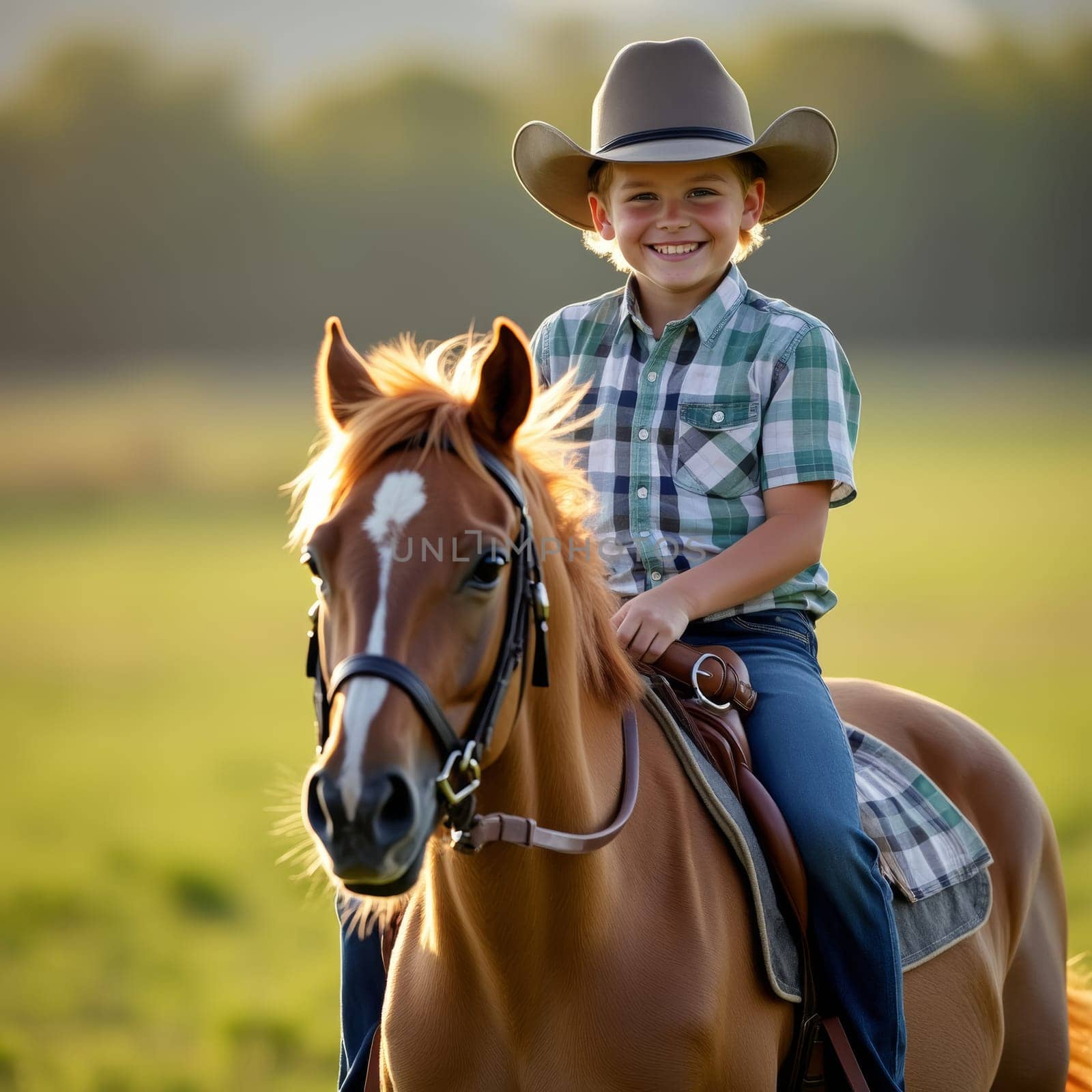 A cheerful young boy in cowboy attire rides a brown horse in a sunlit field, embodying the spirit of the American West.