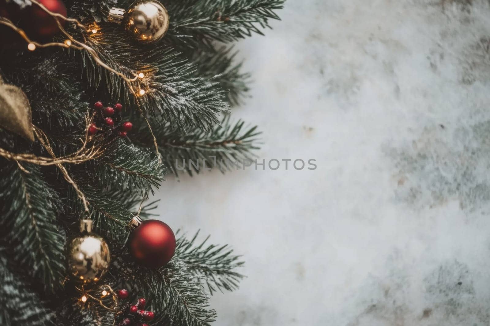 Evergreen branches are beautifully decorated with red ornaments and golden baubles creating a festive holiday atmosphere.