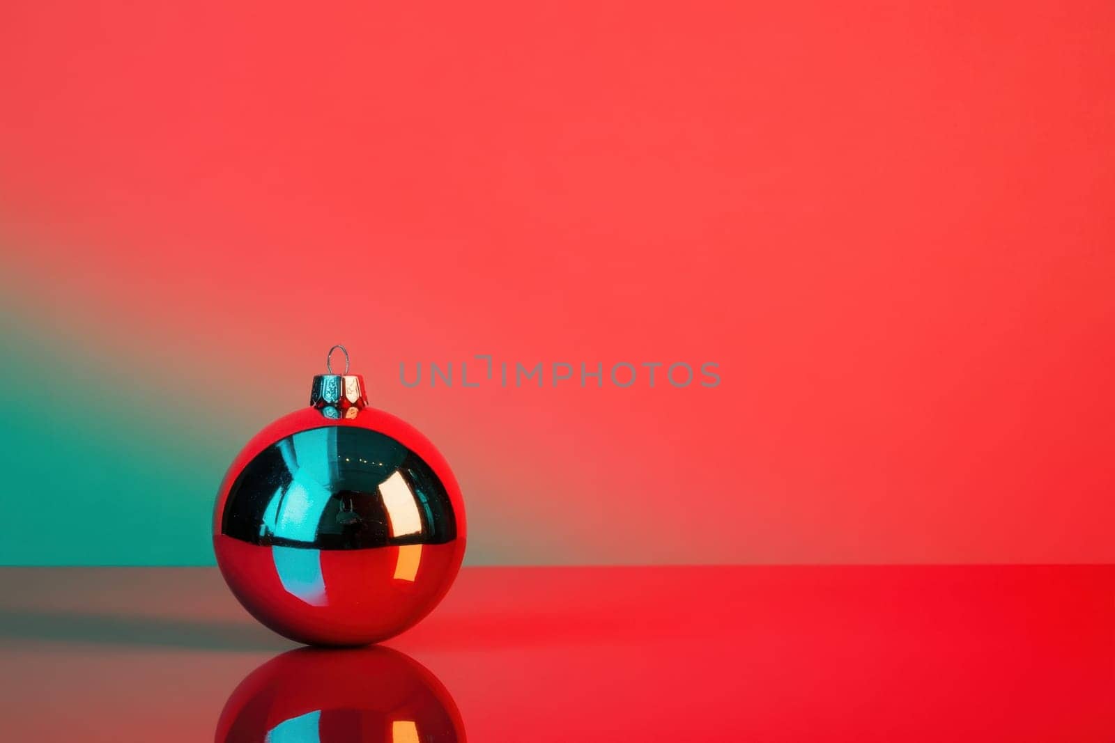 A shiny red ornament sits on a reflective surface against a vibrant gradient background of red and green hues creating a festive atmosphere.