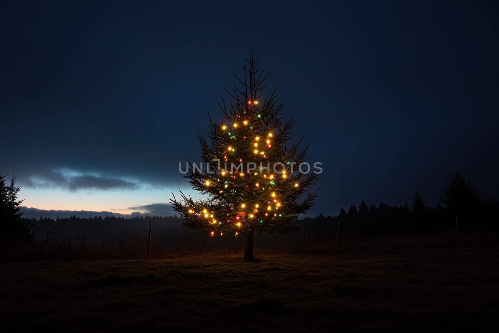 A Christmas tree adorned with colorful lights stands out against the darkening sky as twilight settles over the landscape.