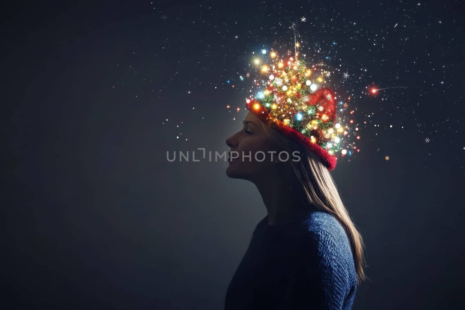 A woman stands in profile showcasing a colorful illuminated hat that sparkles against a dark background evoking holiday cheer and creativity.