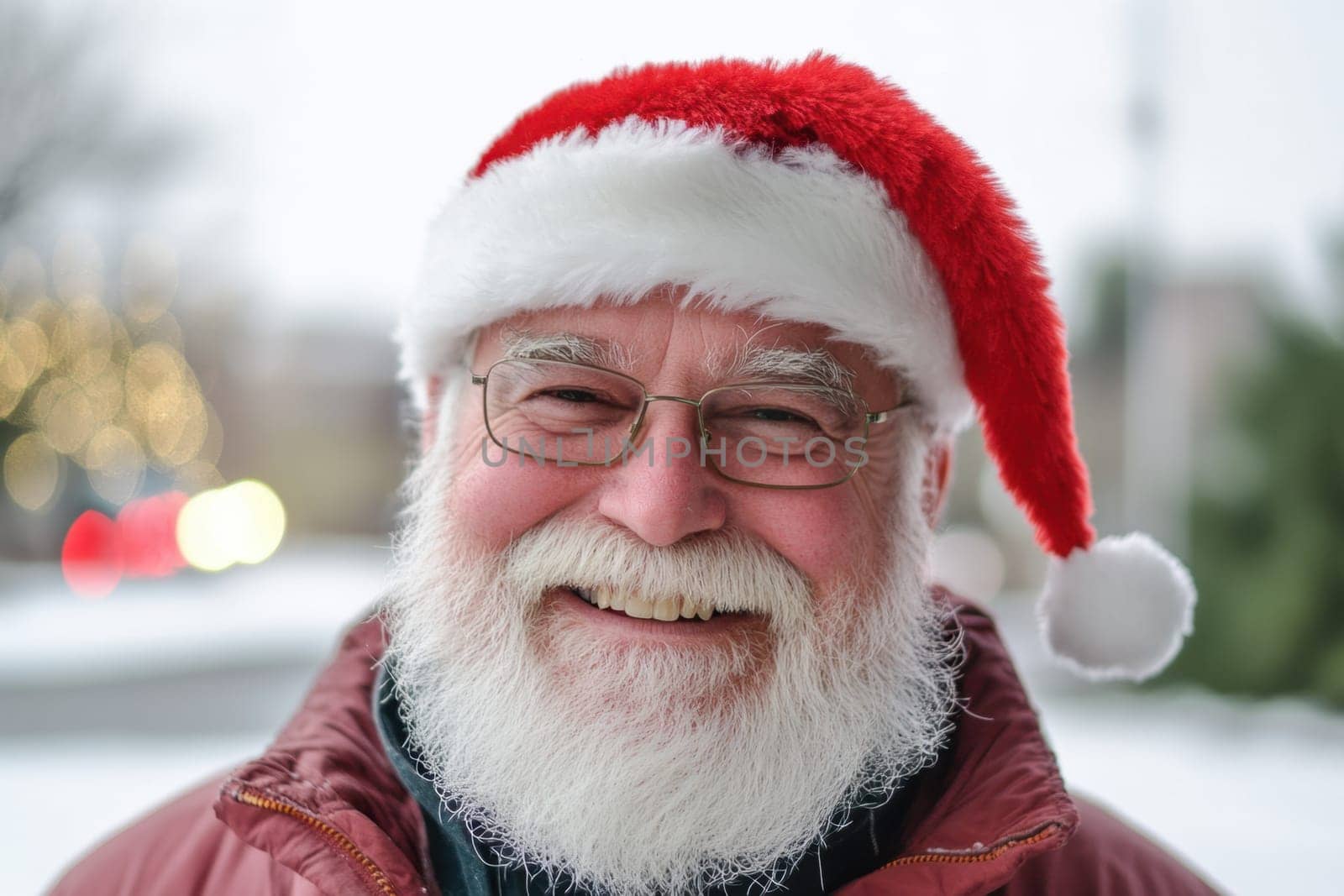 A cheerful man with a white beard and glasses enjoys the winter season while wearing a festive Santa hat.