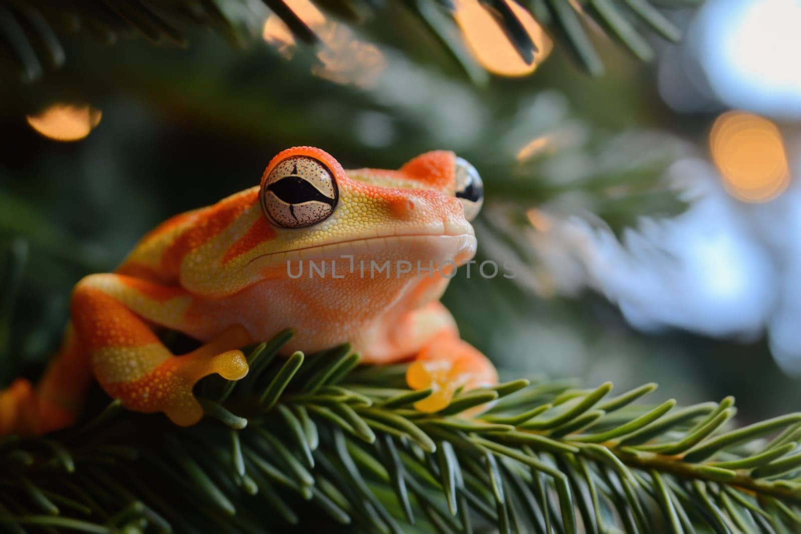 A vibrant orange and yellow frog perches among green branches showcasing its unique colors against a festive backdrop of soft lights.