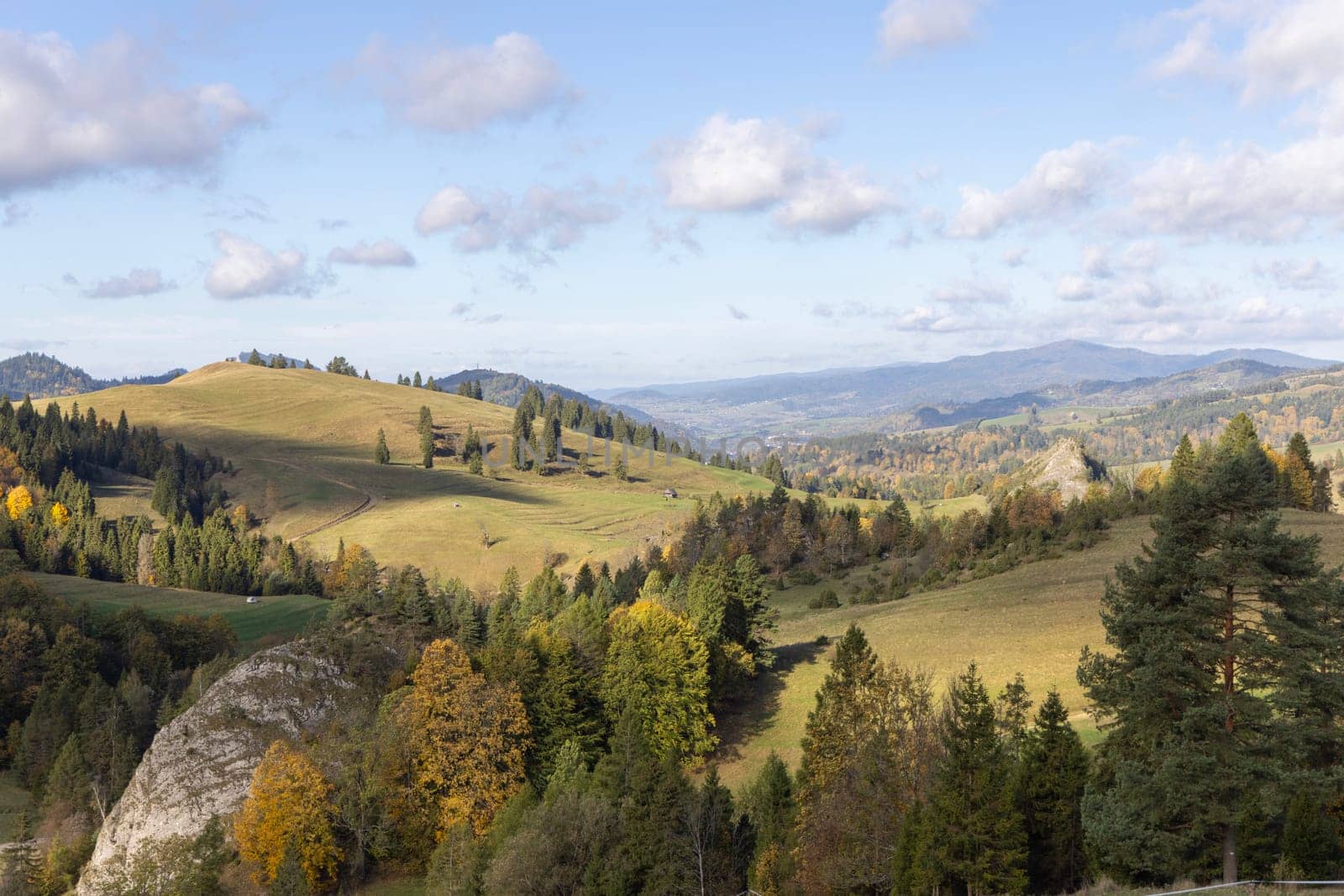 Picturesque view of the autumn landscape in the Pieniny Mountains, colorful leaves on the trees, Szczawnica, Poland. It is time of polish golden autumn