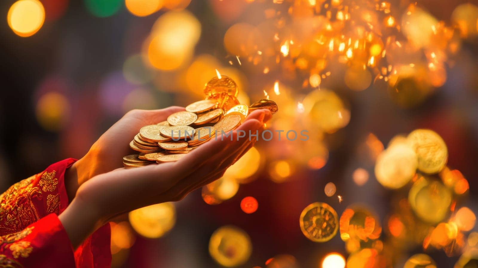 Hands display a collection of shimmering coins while golden sparkles float around creating a festive atmosphere that suggests celebration.