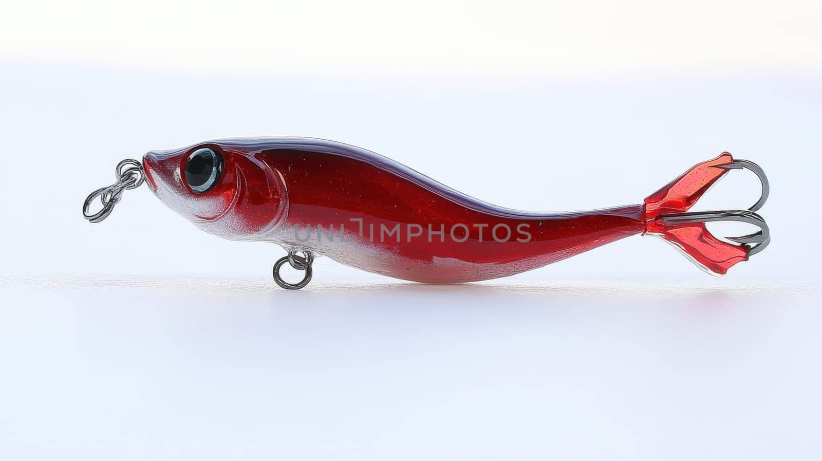 A vibrant red fishing lure lies on a flat surface showcasing its streamlined shape and shiny finish ideal for attracting fish.
