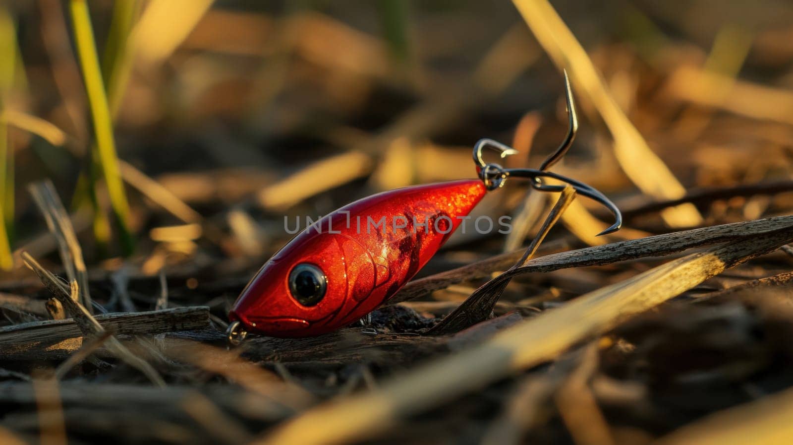 A vibrant red fishing lure lies on dry grass catching warm sunlight during the evening showcasing its shiny surface and sharp hooks.