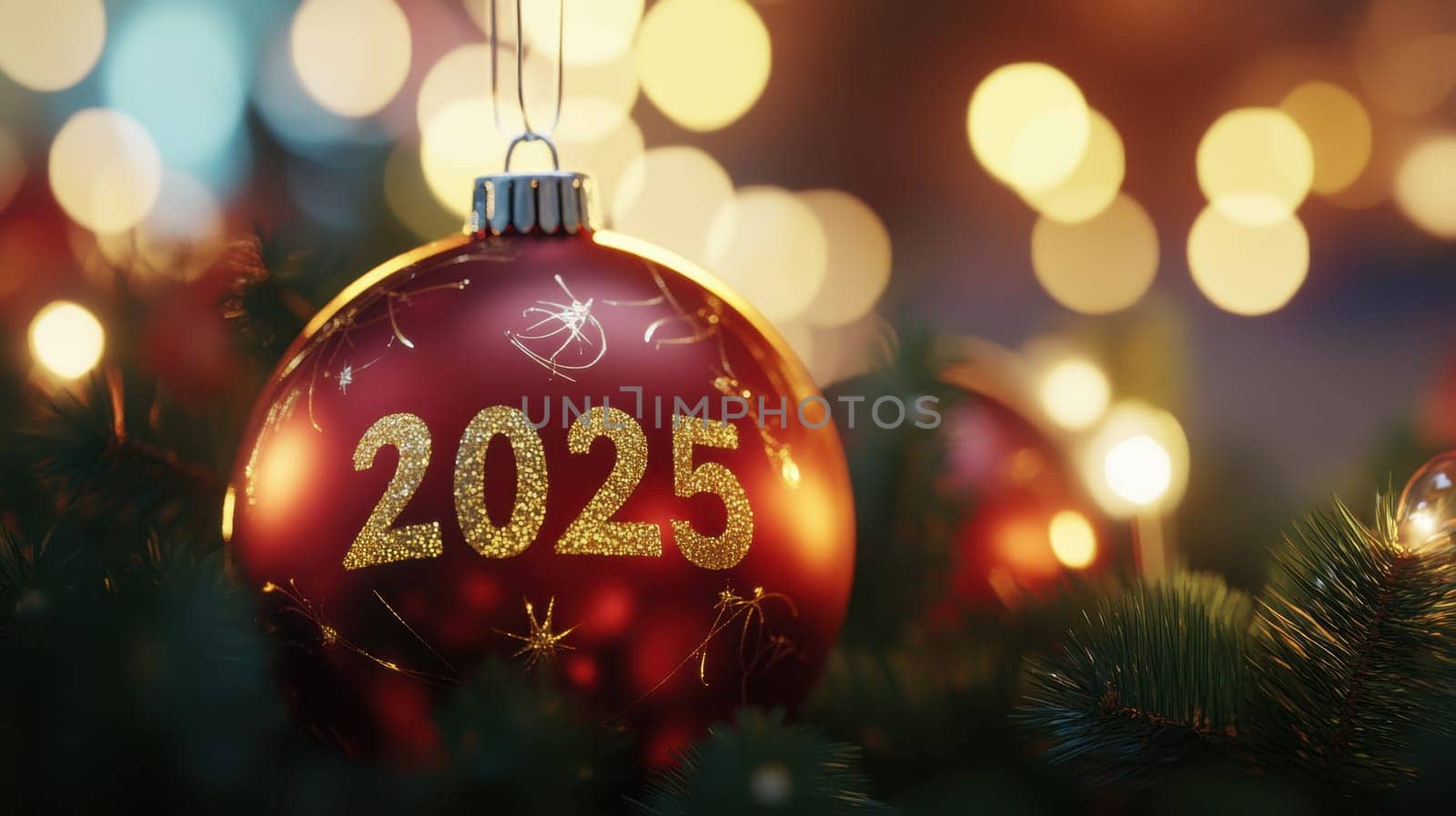 A red Christmas ornament marked with 2025 hangs among bright glimmering lights adding a joyful touch to holiday decorations.