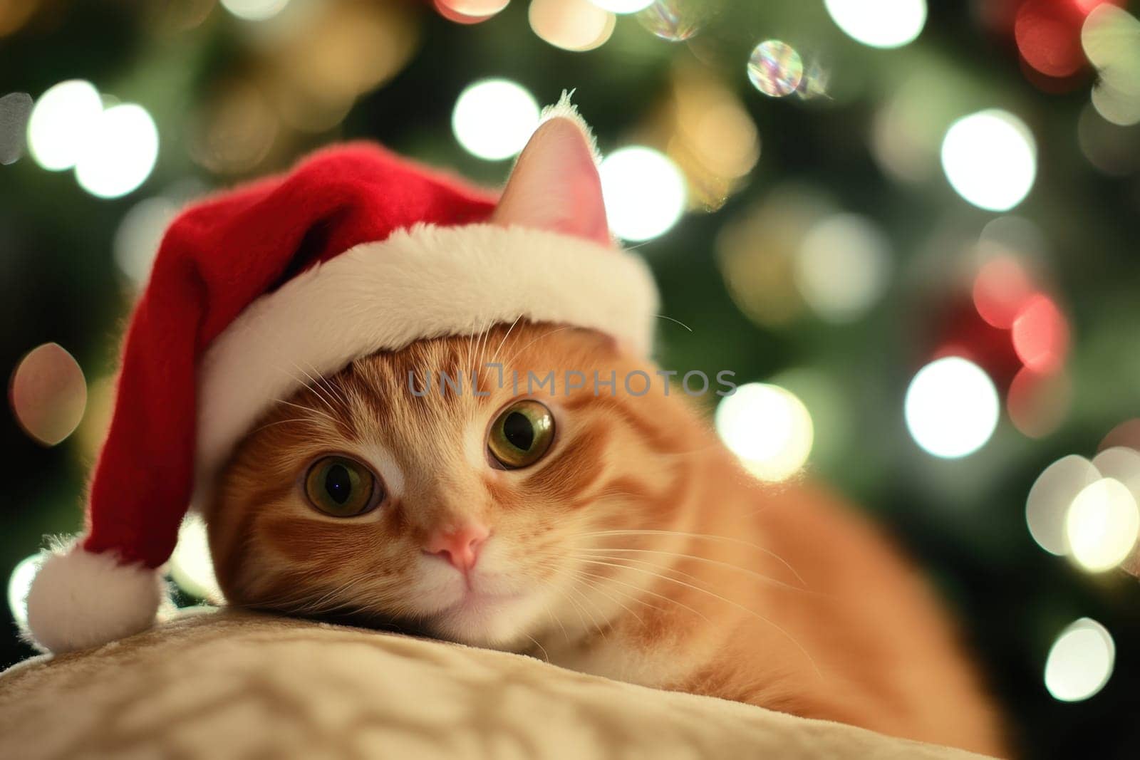 A playful ginger cat rests with a Santa hat surrounded by a beautifully lit Christmas tree in a festive setting.