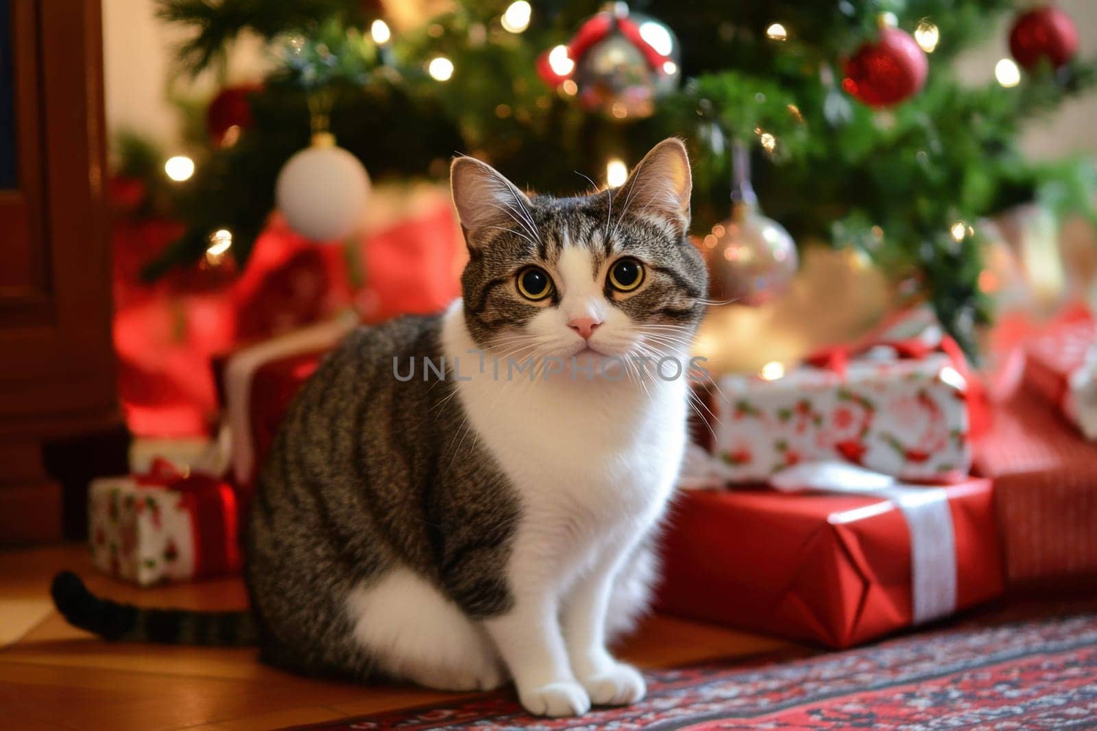A cat sits quietly next to a beautifully decorated Christmas tree surrounded by colorful wrapped gifts and festive ornaments.