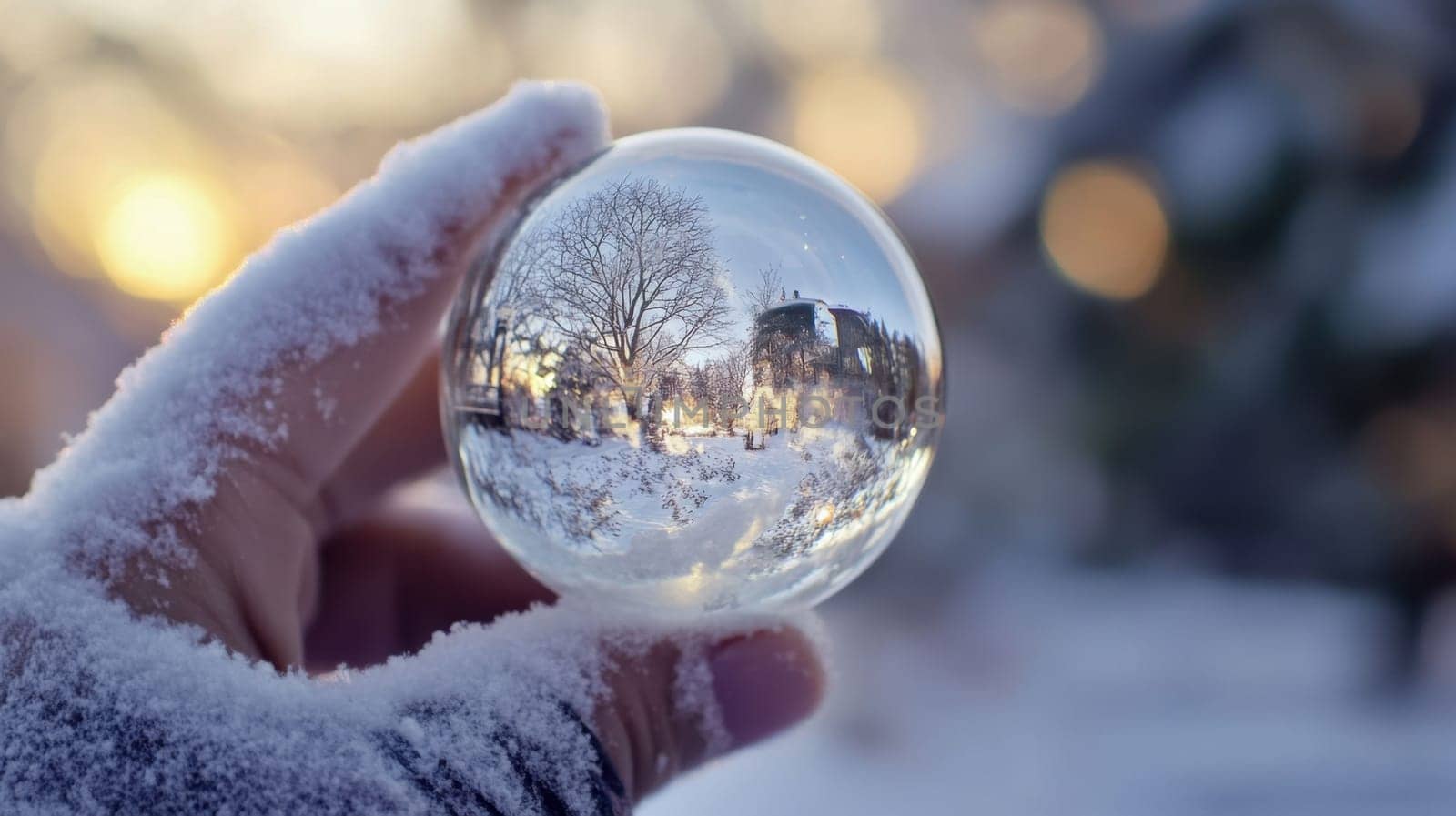 A hand holds a crystal ball reflecting a snowy scene with trees and buildings capturing the essence of a winters day at sunset.