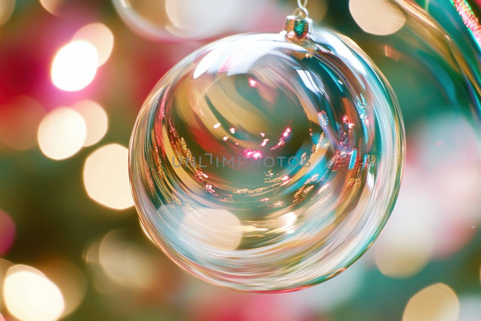A clear Christmas ornament hangs from a tree reflecting colorful lights and creating a festive warm atmosphere during the holiday season.