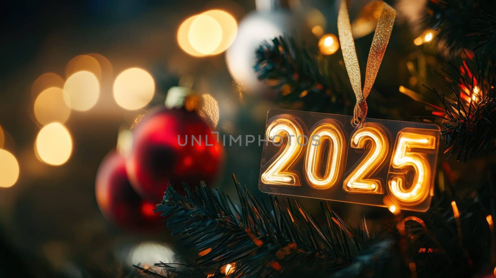 A festive ornament reading 2025 hangs from a Christmas tree adorned with colorful ornaments and warm lights celebrating the upcoming new year.