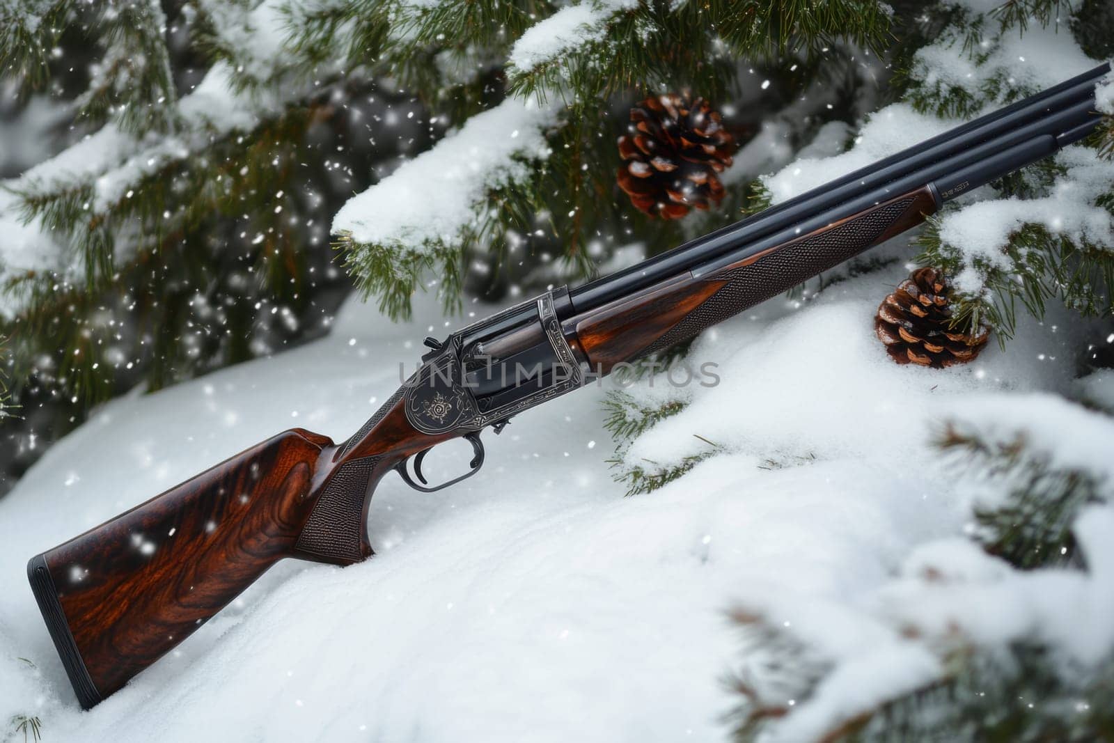 A vintage shotgun lies on a bed of snow surrounded by pine branches and cones creating a serene winter atmosphere.