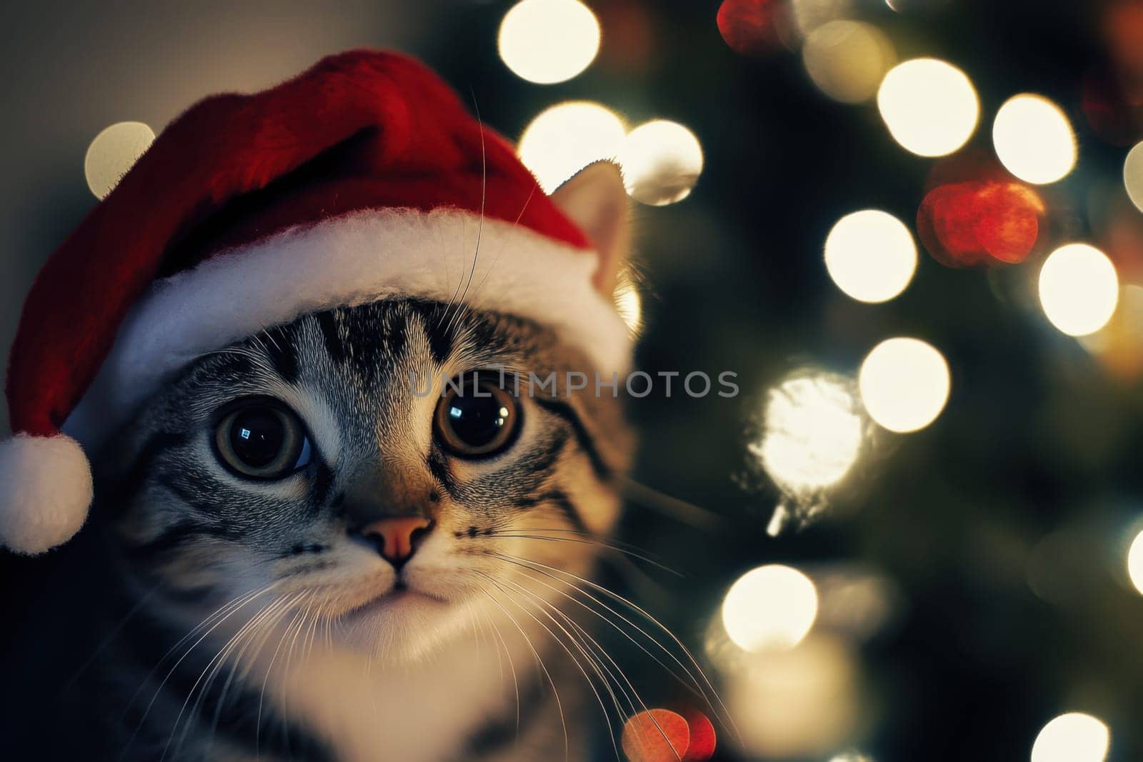 A playful kitten dressed in a festive Santa hat sits beside a beautifully decorated Christmas tree with twinkling lights.