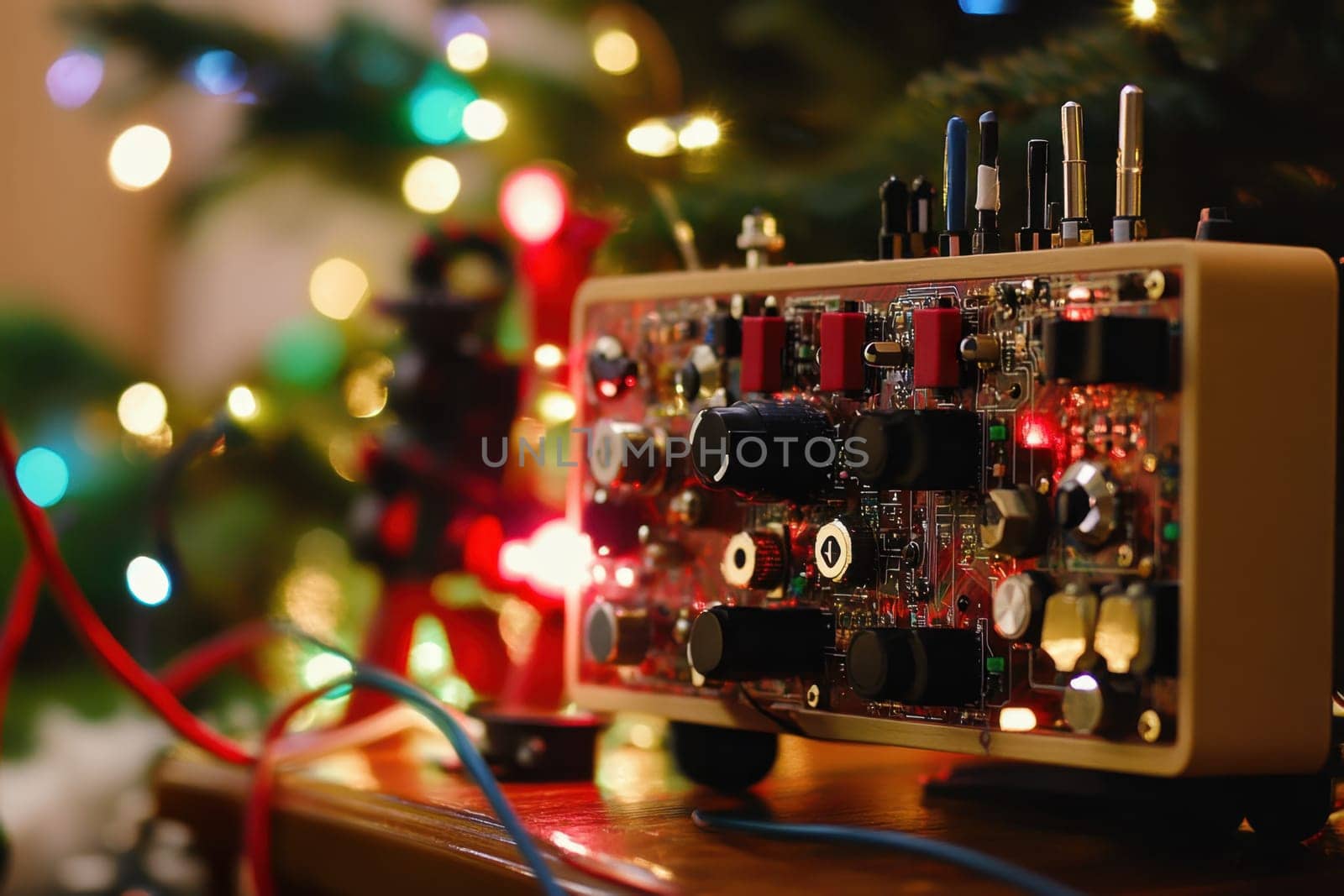 A circuit board with various components illuminated by colorful holiday lighting in a cozy indoor setting.