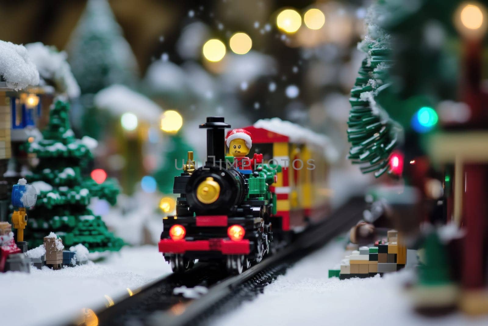 A miniature LEGO train adorned with festive decorations travels through a snowy landscape filled with Christmas lights and trees.
