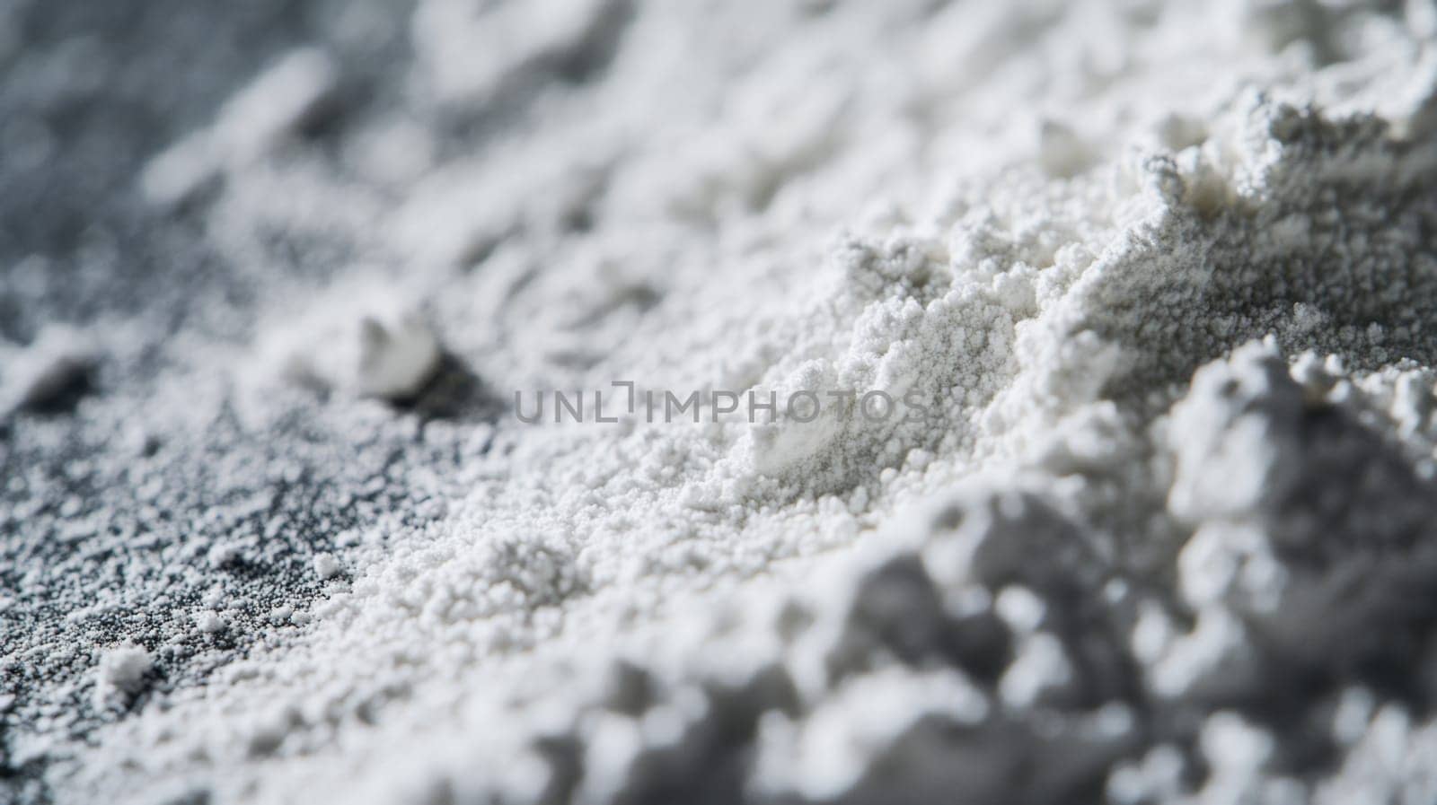 The fine white powder is scattered on a textured dark surface highlighting its dust like quality and creating a contrast in colors.